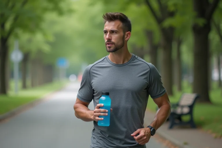 Sportif tenant une bouteille de Powerade après une course dans un parc urbain, illustrant la consommation de boissons énergétiques au quotidien