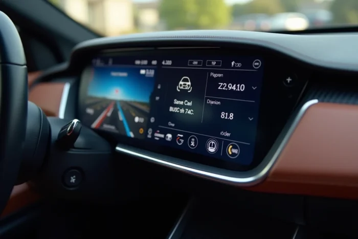 Tableau de bord numérique haut de gamme avec écran tactile et intérieur en cuir cousu dans une voiture moderne