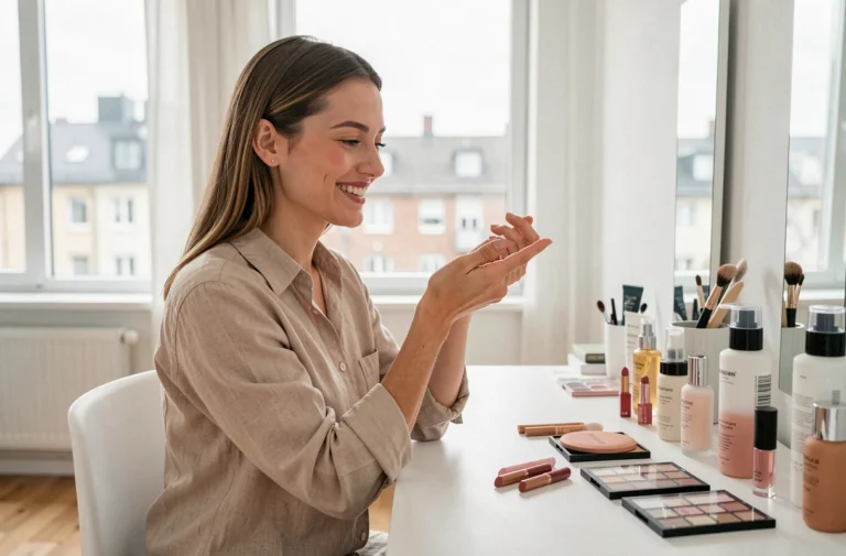 Jeune femme découvrant les tendances beauté avec des produits cosmétiques sur une coiffeuse scandinave
