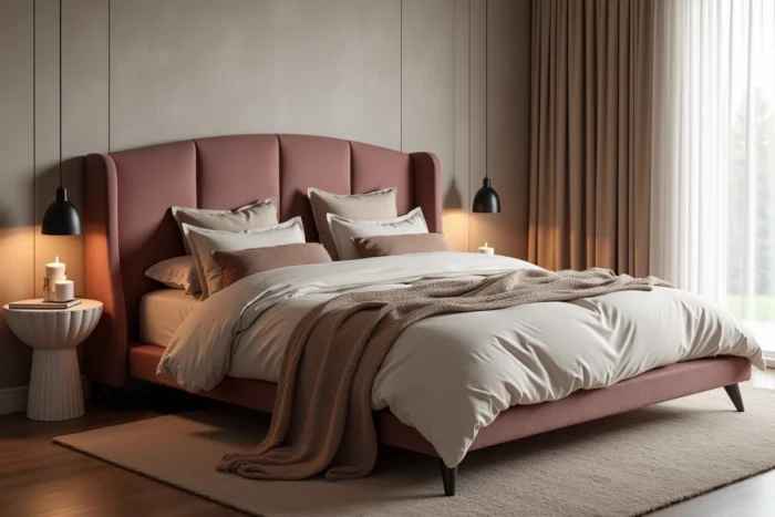 Chambre contemporaine 2024 avec tête de lit incurvée en velours mauve, literie en lin et mur en micro-ciment greige