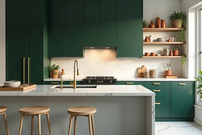 Cuisine moderne tendance 2024 avec façades vert forêt, plan de travail en marbre Calacatta et carrelage zellige