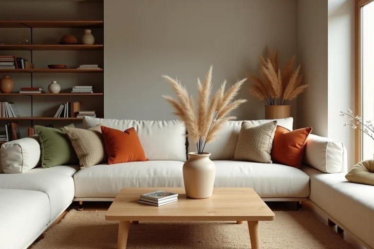 Salon scandinave moderne 2024 avec canapé en lin crème, coussins bouclés terracotta et table basse en chêne brut