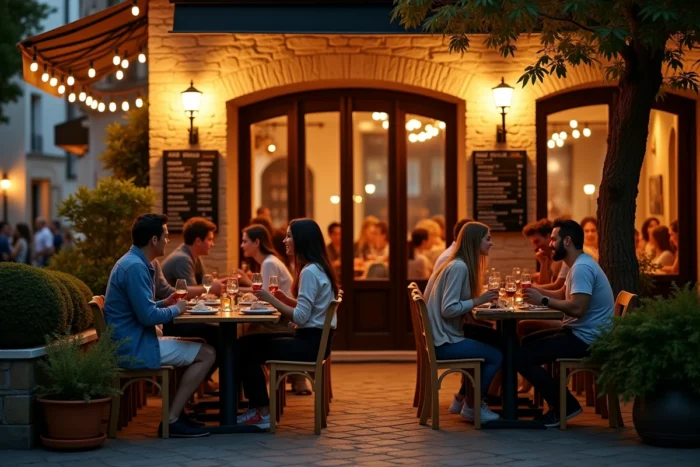 Terrasse animée d'un bar du centre-ville d'Arcachon en soirée avec groupes d'amis autour de tables en bois