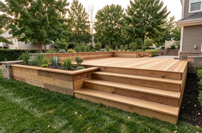 Terrasse en bois surélevée à deux niveaux avec escalier et jardinières intégrées dans un jardin résidentiel