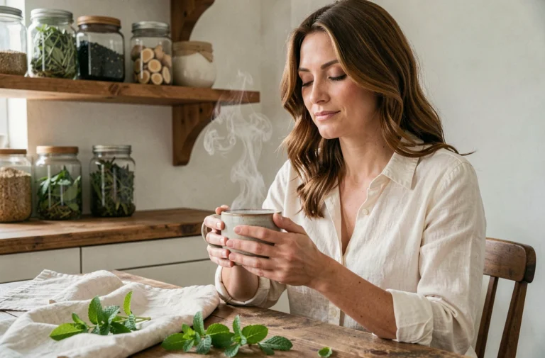 Femme tenant une tasse de tisane minceur aux plantes dans une cuisine rustique en bois