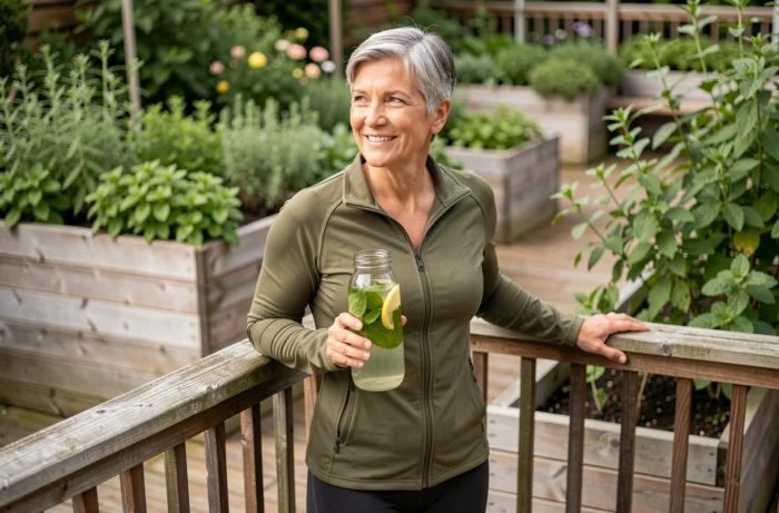 Femme tenant une infusion minceur froide dans un jardin d'herbes aromatiques en plein air
