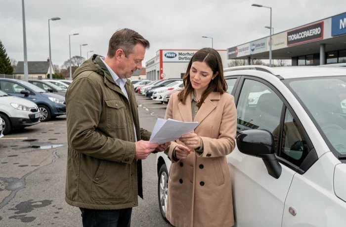 Deux personnes examinant des documents lors de la vente d'une voiture d'occasion dans un parking de concessionnaire