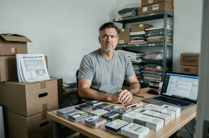 Homme travaillant à domicile entouré de boîtes et kits d'échantillons dans un bureau improvisé, arnaque ou opportunité