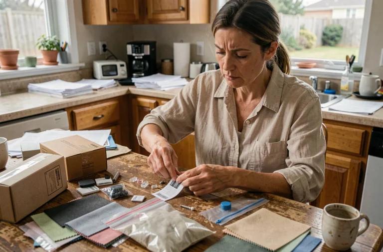 Femme assemblant des échantillons de produits à la maison dans une cuisine modeste, travail à domicile