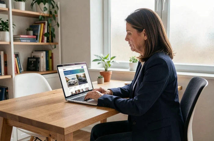 Femme recherchant une voiture d'occasion sur un site de vente en ligne depuis son bureau à domicile