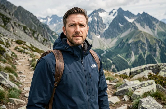 Homme portant une veste The North Face Gore-Tex en randonnée alpine sur un sentier rocheux avec montagnes enneigées en arrière-plan