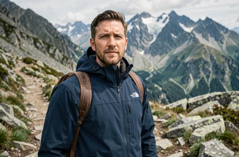 Homme portant une veste The North Face Gore-Tex en randonnée alpine sur un sentier rocheux avec montagnes enneigées en arrière-plan