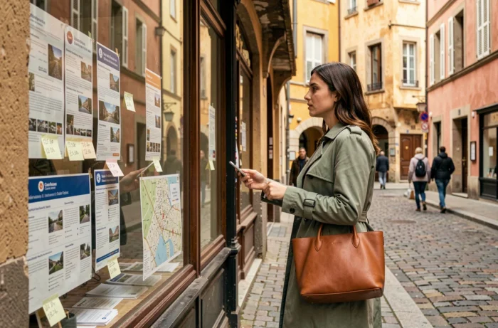 Jeune femme consultant les annonces immobilières en vitrine d'une agence dans le quartier Croix-Rousse à Lyon